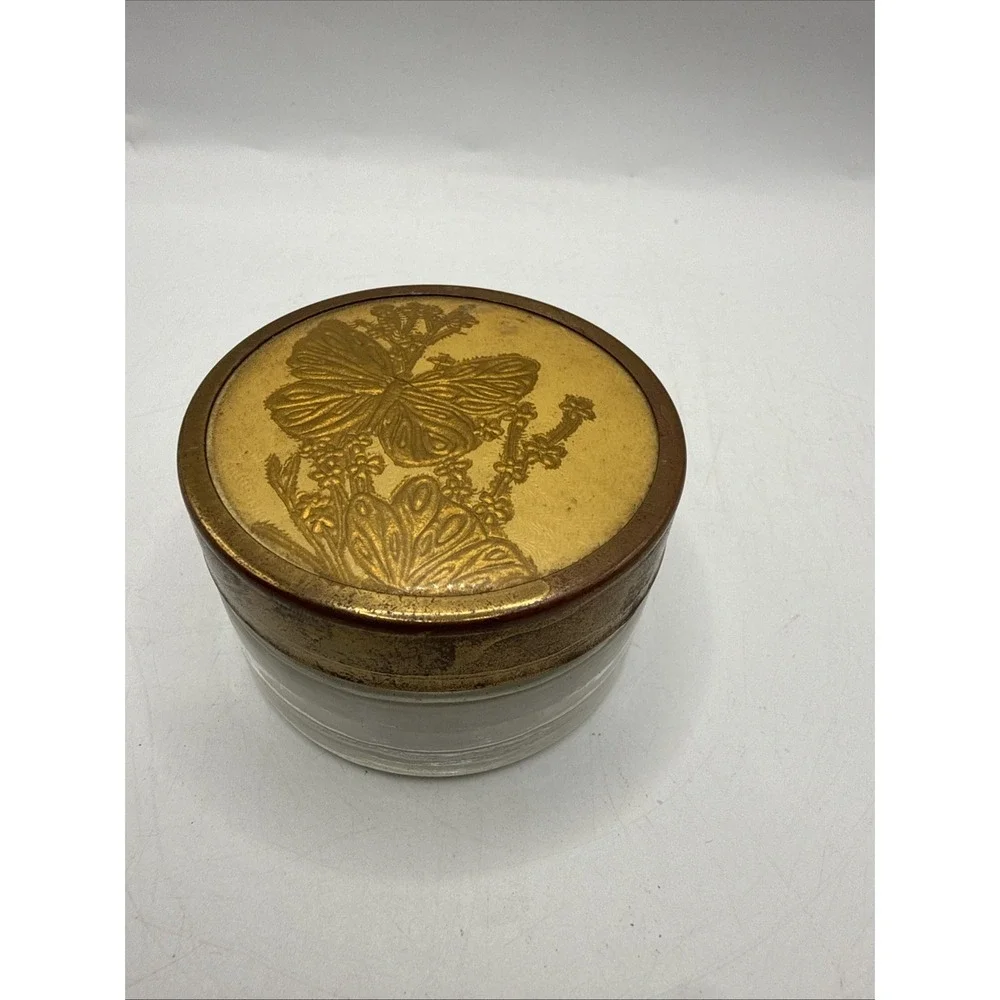 Vintage Art Deco Glass Trinket Box Metal lid Dresser Vanity Powder Jar Floral